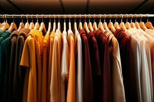 AI generated Textile spectrum Hangers showcase rows of meticulously arranged clothes photo