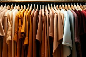 AI generated Textile spectrum Hangers showcase rows of meticulously arranged clothes photo