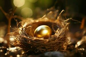 AI generated Golden egg glistens among bird nest twigs, a natures treasure photo