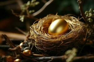 AI generated Shimmering golden egg nestled among twigs in a birds cozy home photo