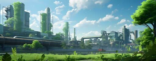 AI generated Factory with many pipes around green nature on a sunny day photo