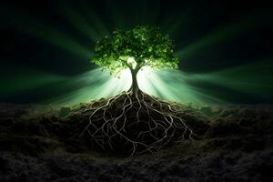 AI generated Green tree with roots and rays of light photo