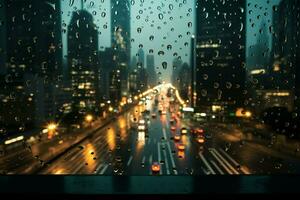 AI generated Rainy urban charm Window pane with raindrops, cityscape bustling beyond photo