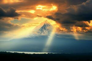 ai generado nube besado pico luz de sol rayo se baña montaña, un asombroso natural escena foto