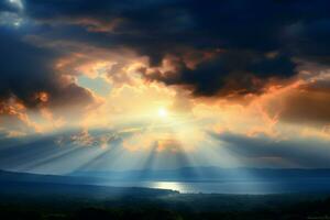 ai generado majestuoso iluminación luz de sol perfora nube, creando un montaña espectáculo foto