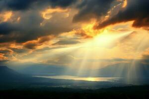 AI generated Heavenly glow Sunlight ray pierces clouds, casting beauty over mountain photo