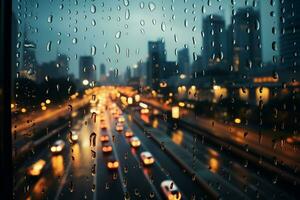 AI generated Rainy cityscape Raindrops on window with bustling city in background photo