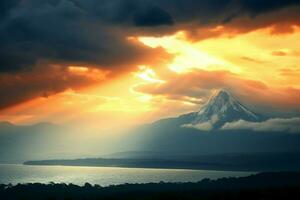 AI generated Cloud parted brilliance Ray of sunlight bathes mountain in ethereal beauty photo