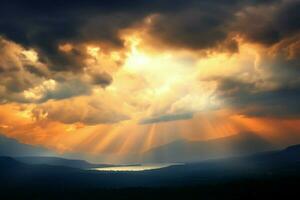 AI generated Heavenly glow Sunlight ray pierces clouds, casting beauty over mountain photo