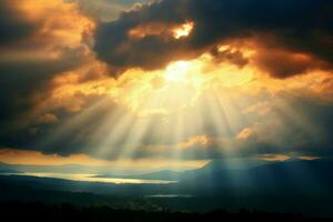 ai generado celestial resplandor luz de sol rayo perfora nubes, fundición belleza terminado montaña foto