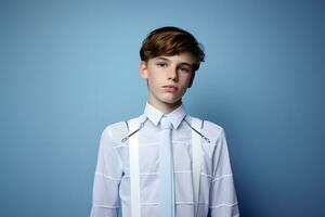 ai generado retrato de un hermoso Adolescente chico en un blanco camisa. azul antecedentes foto