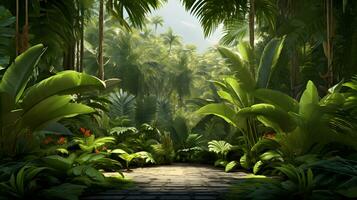 ai generado camino en un tropical jardín con palma arboles foto