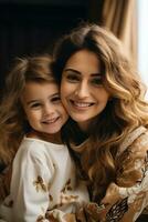 AI generated Happy mom holding her daughter playing together at home. AI Generated photo