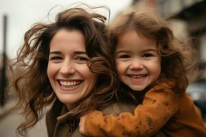 AI generated Portrait of happy mother giving a piggyback ride to cute little girl outdoors. AI Generated photo