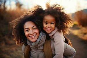 AI generated Portrait of happy mother giving a piggyback ride to cute little girl outdoors. AI Generated photo
