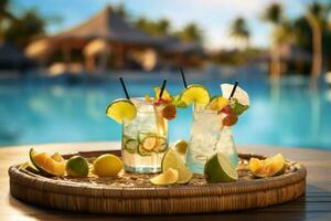 AI generated served tray in swimming pool with drinks and snacks on tropical island in Maldives, AI Generated photo