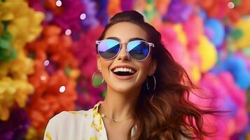 AI generated a woman wearing sunglasses and smiling in front of colorful flowers photo