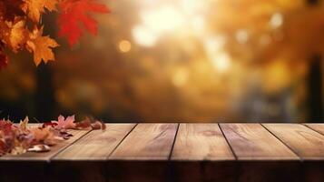 AI generated autumn leaves on wooden table with blurred background photo