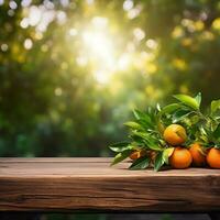 AI generated oranges on wooden table with sunlight in background photo