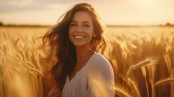 AI generated a woman is smiling in a wheat field photo