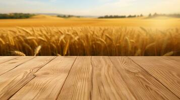 AI generated wooden table top over wheat field with sun in background photo