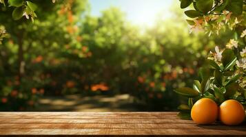 AI generated orange fruit on wooden table in the garden photo