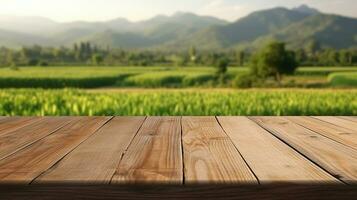 AI generated wooden table top over rice field and mountains photo