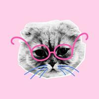 Retro collage with cat heads with halftone effect. Funny kitten with emotions, doodle elements. Vector grunge punk crazy art templates.