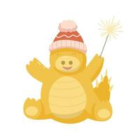 a yellow dragon in a hat joyfully holds a sparkler. christmas, new year, symbol of the year vector