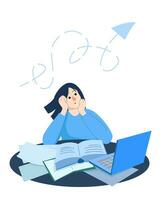 Young woman with ADHD concept. A woman tries to work, study, but cannot concentrate and watches a paper airplane flying over her head. Concept of problems with attention and concentration. vector