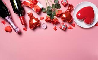 heart shaped glazed valentine cake and flowers on pink background photo