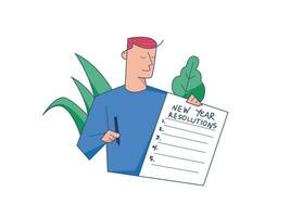 New year resolutions, man holding notepad paper and pen set goal or business target for new year vector