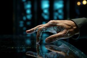 AI generated Finger Pushes Touch Screen Button and Activates Futuristic Artificial Intelligence. AI Generated photo