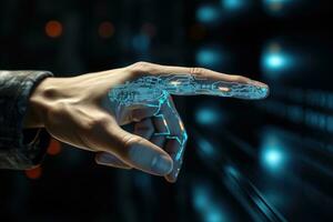 AI generated Finger Pushes Touch Screen Button and Activates Futuristic Artificial Intelligence. AI Generated photo