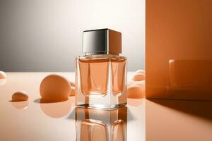 AI generated perfume bottle , concept color of the year 2024 Peach Fuzz. AI Generated photo