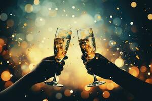 AI generated hands toasting with champagne glasses at party against glittering background with confetti, AI Generated photo