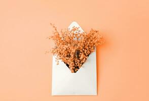 Color of the year 2024, Peach Fuzz. Opened white envelope with mimosa flowers on yellow background, mockup design photo