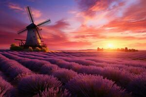 AI generated Serene countryside landscape with lavender fields , blue hour. AI Generated photo