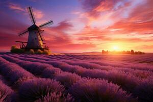 ai generado sereno campo paisaje con lavanda campos , azul hora. ai generado foto