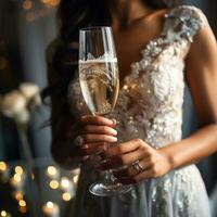 AI generated Unrecognizable bride holding champagne glass, white background. AI Generated photo