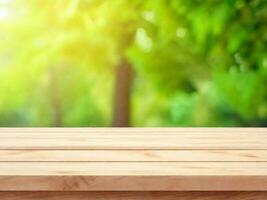 AI generated Empty wooden table with blurred outdoor garden background photo