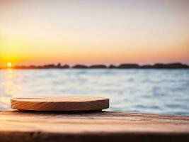 AI generated Empty round wooden podium with blurred background of sea beach sunset light and summer weather photo