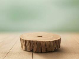 ai generado vacío natural de madera podio estar en mesa con verde antecedentes foto