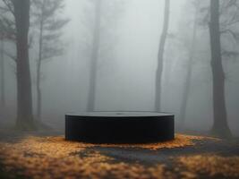 AI generated Empty round black podium with blurred background of autumn forest, Big black podium display for product photo