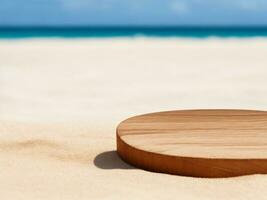 AI generated Empty round wooden platform lay on the sand with a blurred background of a sea beach photo