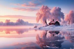 AI generated Serene winter landscape with tree and foggy fields. AI Generated photo
