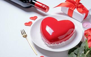 heart shaped glazed valentine cake, gift and champagne on white background photo