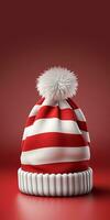 AI generated Christmas winter hat on a red background. Copy space. Christmas and New Year concept. photo