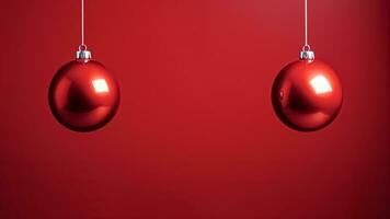 AI generated Red christmas balls hanging on a red background. Christmas and New Year concept. photo
