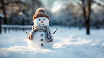 AI generated Funny snowman in winter forest. Christmas and New Year concept. photo